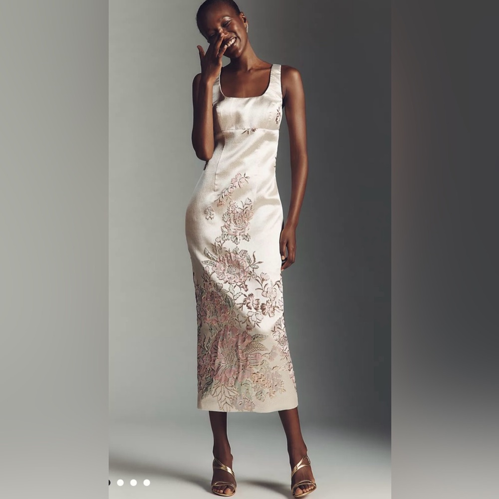 Mac Duggal Cream and Pink Embroidered Midi Dress